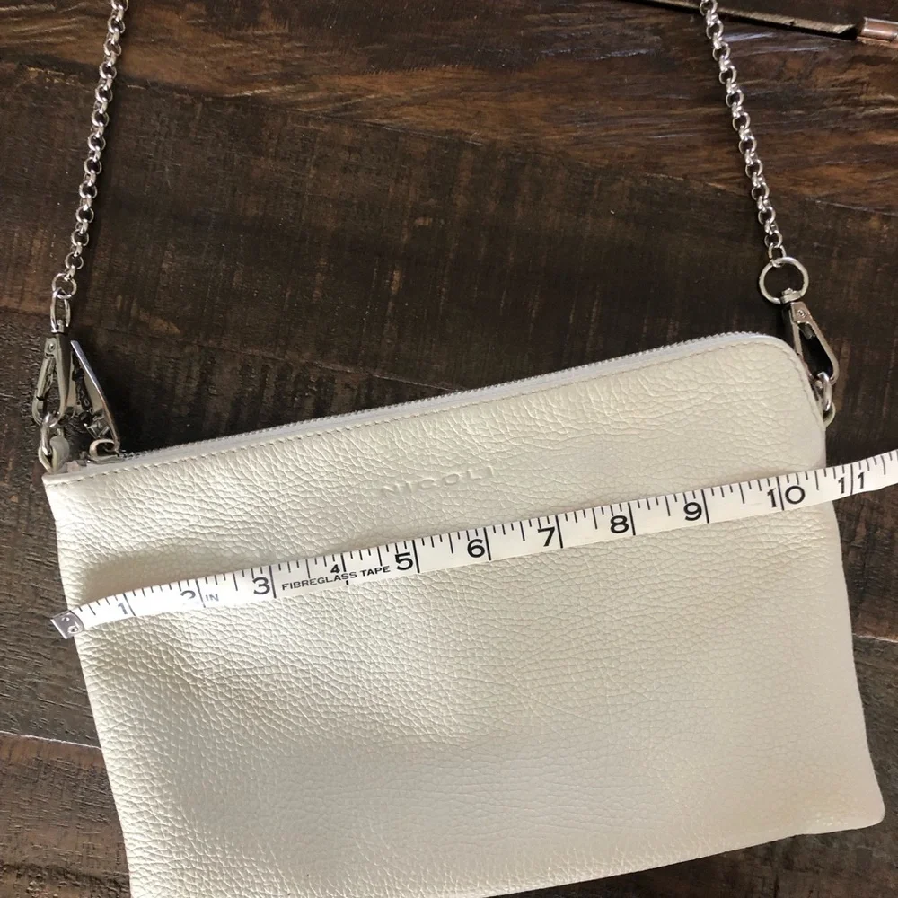 Nicoli Italian Crossbody Bag Winter White Pebbled Leather Silver Chain Strap